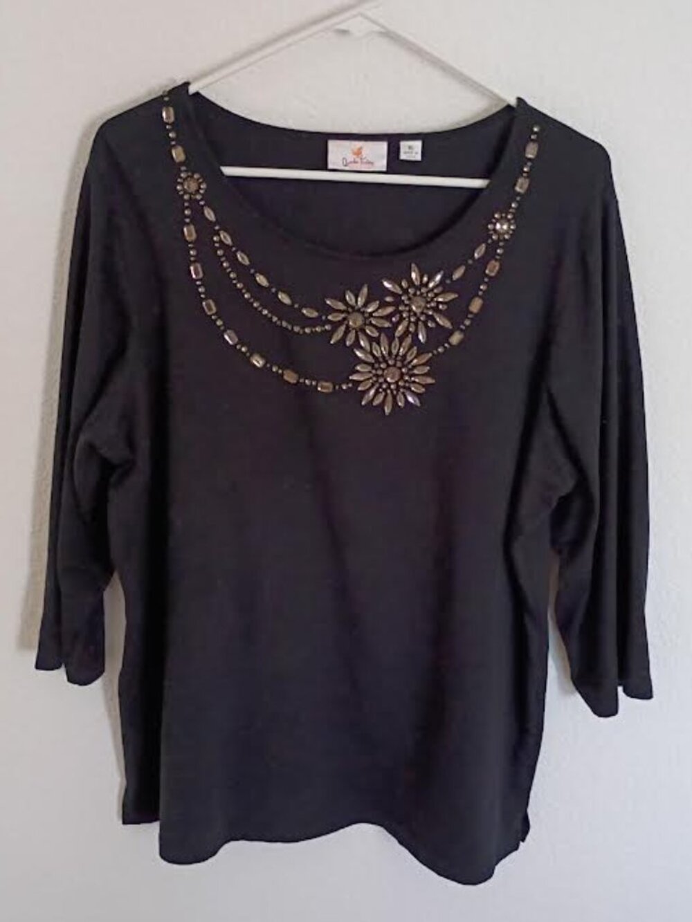QUACKER FACTORY WOMEN'S TOP BLACK BROWN BEADED RHINESTONE FLORAL 3/4 SLEEVE XL